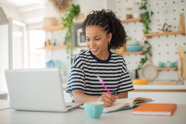 istock Young fashionable woman working at home 1556872349
