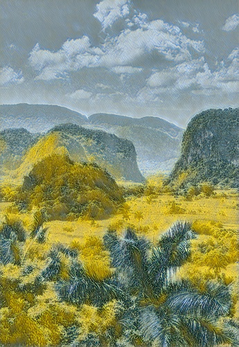 oil painting of the valley of UNESCO Vinales. Tropical limestone landscape and almost a rain forest