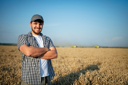 Smiling farmer on the wheat field on harvest.