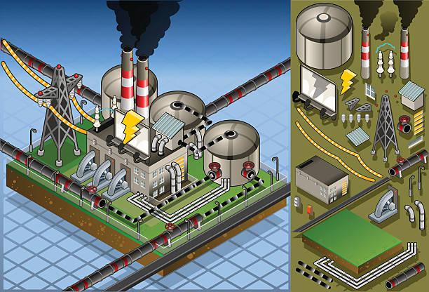 illustrazioni stock, clip art, cartoni animati e icone di tendenza di pianta isometrica del petrolio nella produzione di energia - isometric power line electricity electricity pylon