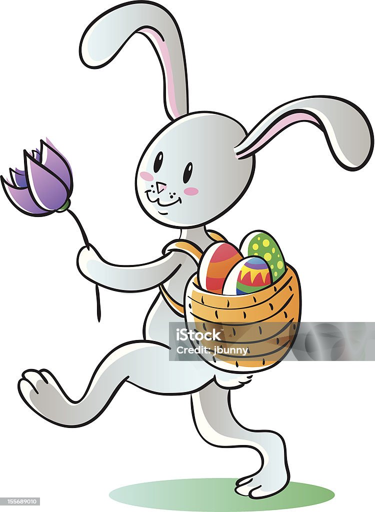 Easter bunny Grey bunny holding flower and carrying on shoulders basket with easter eggs. Animal stock vector