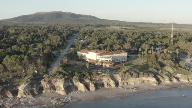 drone over abandoned hotel