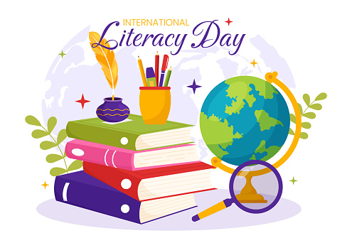 International Literacy Day Vector Illustration on 8th September with Book and Educational Equipment in Education Holiday Cartoon Hand Drawn Templates