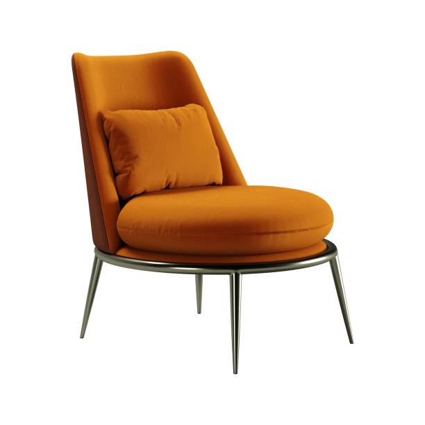 istock Orange chair with a fashionable cushion against a plain white backdrop 1557002191