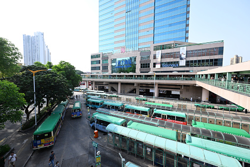 Green public light bus at landmark north, hong kong - 04/16/2023 16:45:30 +0000. Landmark North is situated at 39 Lung Sum Avenue in Sheung Shui. A footbridge connects it with Sheung Shui station.