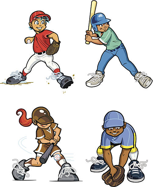 молодых игроков лиги бейсбола - baseball batting bat fielder stock illustrations