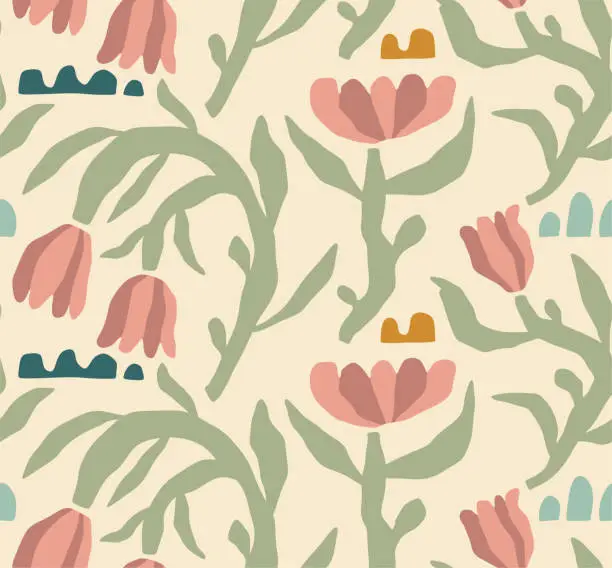 Vector illustration of Hand drawn colored Vector Seamless Pattern. Background. Floral design, Abstract plants. Simple Various branches, Flowers and Leaves. Colorful trendy illustration. Naive art, Infantile Style Art.