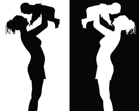 Black and white silhouettes of mother and child