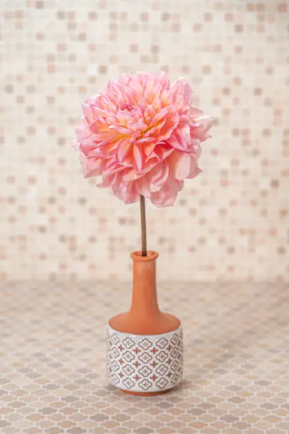 Large dahlias were arranged in a clay vase.
I like the tiled walls.