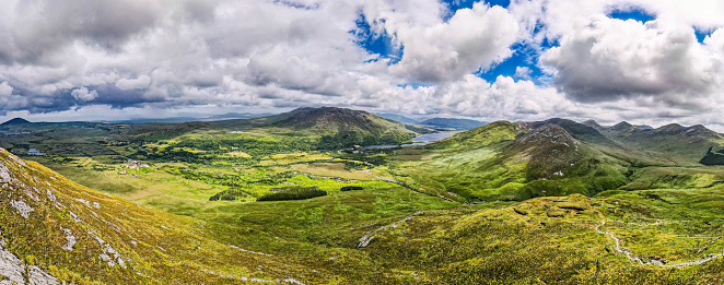 Panoramic view from Diamond mountain at Connemara National Park in Ireland hiking trail