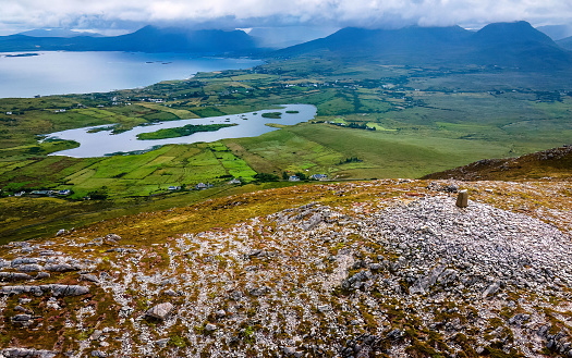 Panoramic view from Tully mountain at Connemara National Park in Ireland hiking trail