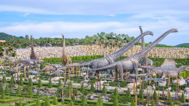 gruppe großer dinosaurierstatuen im wunderschönen tropischen tal von nong nooch wunderweltgarten in pattaya in thailand - open stock-fotos und bilder