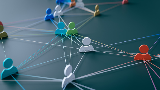A concept that expresses the hyper-connected society of modern society by connecting people icons with lines, 3d rendering.