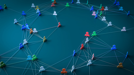 A concept that expresses the hyper-connected society of modern society by connecting people icons with lines, 3d rendering.