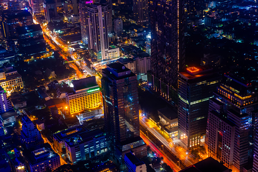 Aerial view of Bangkok skyline at night light,