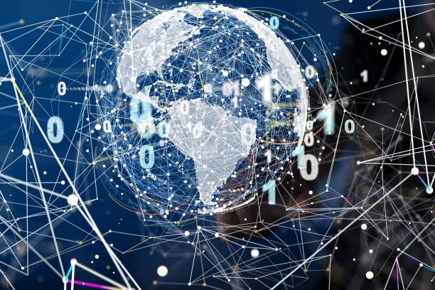 istock Close-up of a white hologram of the Earth surrounded by binary code 1557136685