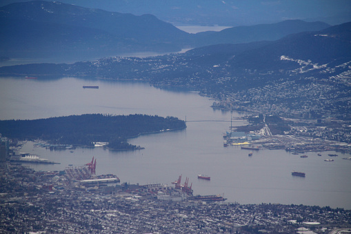 Flying over Vancouver, British Columbia, in winter.