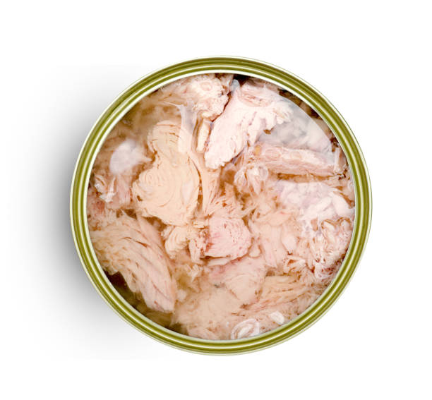 istock Canned tuna chunk in vegetable oil isolated on white background ,include clipping path 1557152773