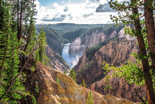 View at a vivid Grand Canyon of the Yellowstone and Yellowstone river seen from Artist Point. Yellowstone National Park, Wyoming, USA