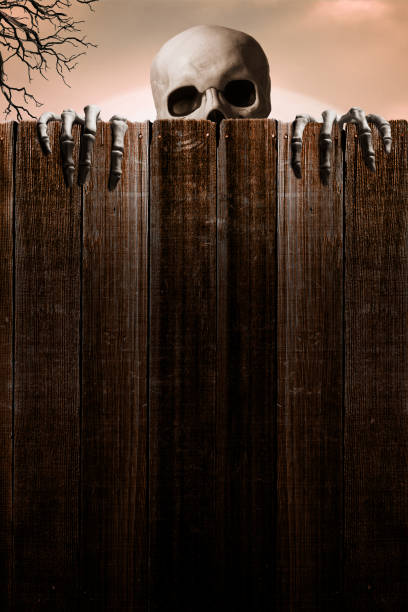 istock Skeleton Peeking Out From Behind Fence 1557174224