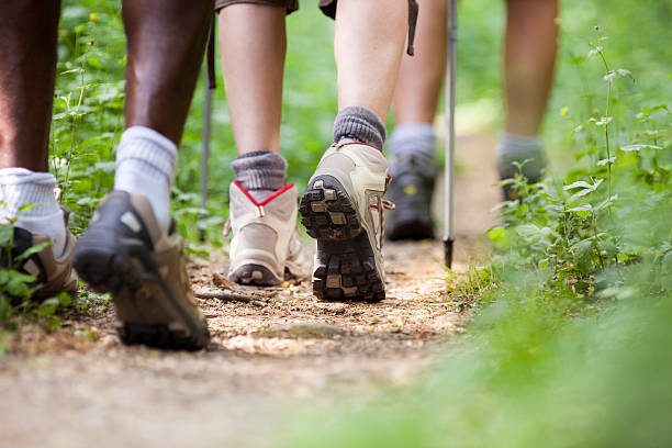 shoes of people trekking and walking in row stock photo