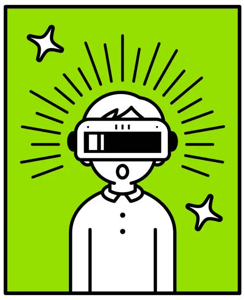 Vector illustration of A boy wearing a virtual reality headset (or VR glasses), front view, minimalist style, black and white outline