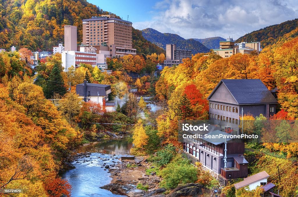 An Autumnal long shot of Jozankei, Japan The hot springs resort town of Jozankei in Hokkaido, Japan. Hokkaido Stock Photo