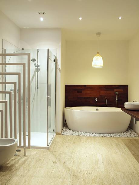 istock Contemporary bathroom with travertine tiles 155725253