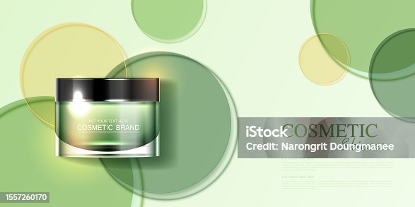 istock Refreshing cosmetics or skin care product ads with bottle, banner ad for beauty products, circular glass disks for packaging presentation on green background. vector design. 1557260170