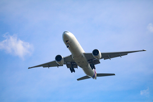 Passenger planes flying in the sky preparing to land at the airport airplane travel and international travel concept