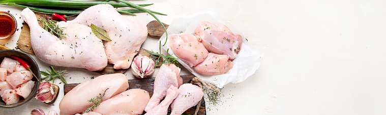 Various raw chicken meat portions. Top view, copy space, panorama, banner
