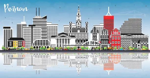 Vector illustration of Poznan Poland City Skyline with Color Buildings, Blue Sky and Reflections.