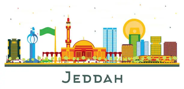 Vector illustration of Jeddah Saudi Arabia City Skyline with Color Buildings Isolated on White.