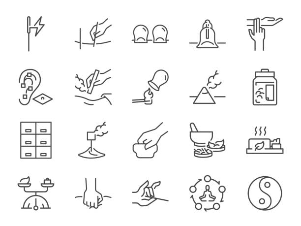 중국 전통 의학 아이콘 세트입니다. 여기에는 의료, 치료, 치료, 치유 및 �더 많은 아이콘이 포함되었습니다. 편집 가능한 벡터 스트로크. - acupuncture cupping stock illustrations