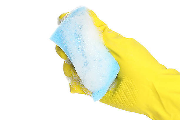 istock Hand with rubber glove and cleaning sponge 155728119