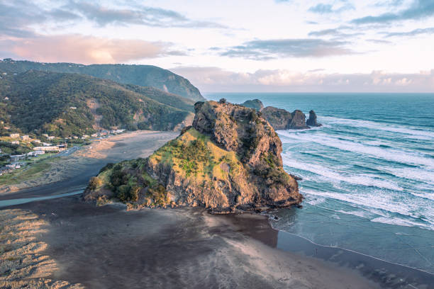 istock Lion Rock at sunset (Piha beach) 1557282645