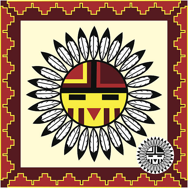 Native Indian Symbol Native Amrican Indian Design. The border can represent a landscape or horizon, or man/woman, or night/day etc. The feathers represent creative force and the sun face center represent the life giver. All together this symbol can represent all that is good and a symbol of freindship. This file is all on one layer ads easy to change or edit. the feathers are not attached, i have included the white and black version as well if you need that. kachina doll stock illustrations