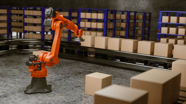 istock Arm Robot AI manufacture Box product Object for manufacturing industry technology Product export and import of future For Products, food, cosmetics, apparel warehouse mechanical future technology 1557344862