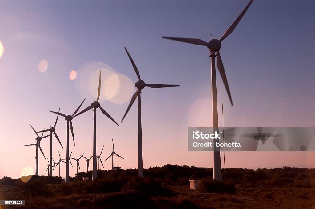Wind turbines silhouette wind turbines silhouette at dusk Agriculture Stock Photo