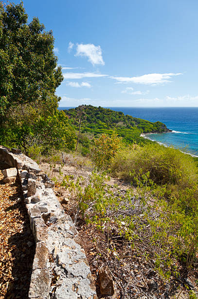 Old Fort Wall Overlooking Caribbean Sea Wall of an old Fort near Black's Point in Antigua. View over Falmouth Harbor entrance. falmouth harbor stock pictures, royalty-free photos & images