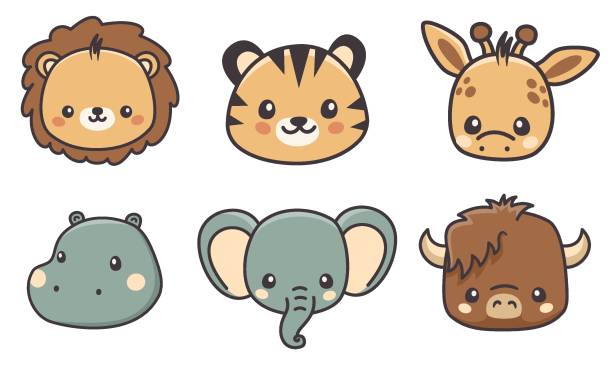 Print Set of vector animals of Africa on white background. Animal faces in a dễ thương kawaii style. Lion, tiger, elephant, hippo, giraffe, buffalo. dễ thương chibi boy stock illustrations