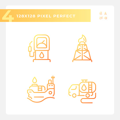 Energy sector gradient linear vector icons set. Oil and gas exploration. Global trade. Petroleum industry. Thin line contour symbol designs bundle. Isolated outline illustrations collection
