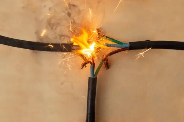 Photo of flame smoke and sparks on three  electrical cables faulty connection, on wooden background, fire hazard concept,   close up