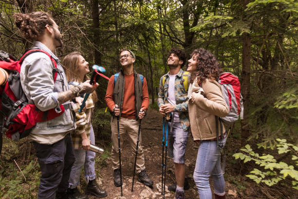 istock Young happy hikers talking on a break in forest. 1557372025