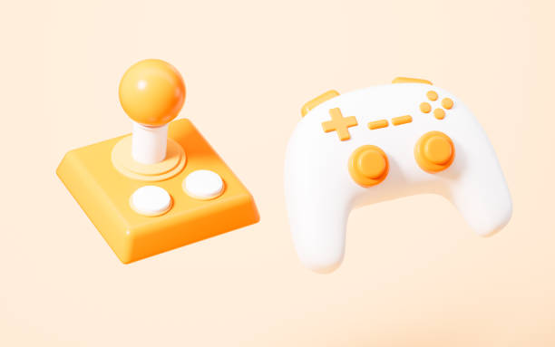 istock Cartoon gamepad in the yellow background, 3d rendering. 1557383533