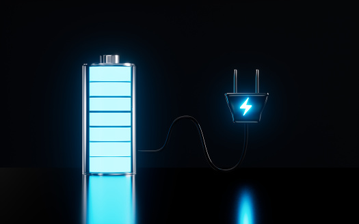 Full energy battery with live socket, 3d rendering. Digital drawing.