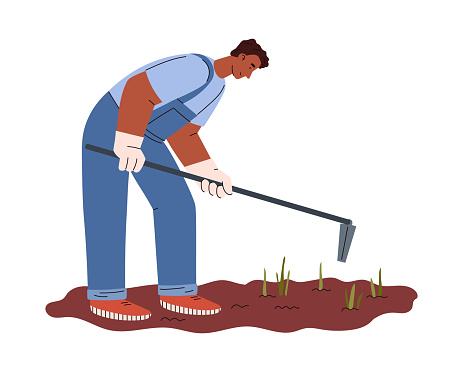 Vector cartoon illustration of farmer working in the garden with a hoe. Loosening, hilling, cultivating the land for a better harvest isolated on white background