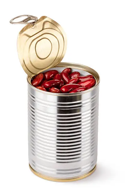 Opened tin with red beans. Isolated on a white.