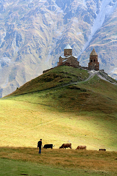Tsminda Sameba / Holy Trinity Church near the Kazbegi-Gergeti village. Church is at 2300 meters and under the Kazbek Mountain, Georgia.