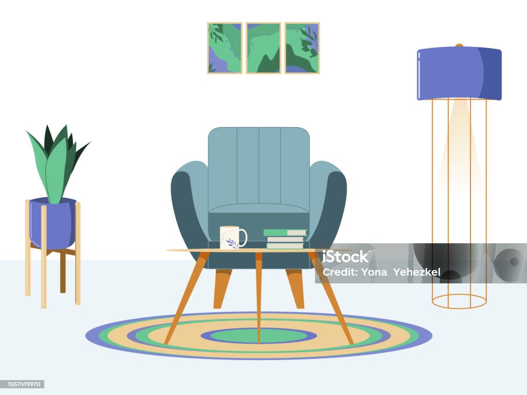 Mid Century Style Reading Nook Interior Design In Violet And Green With